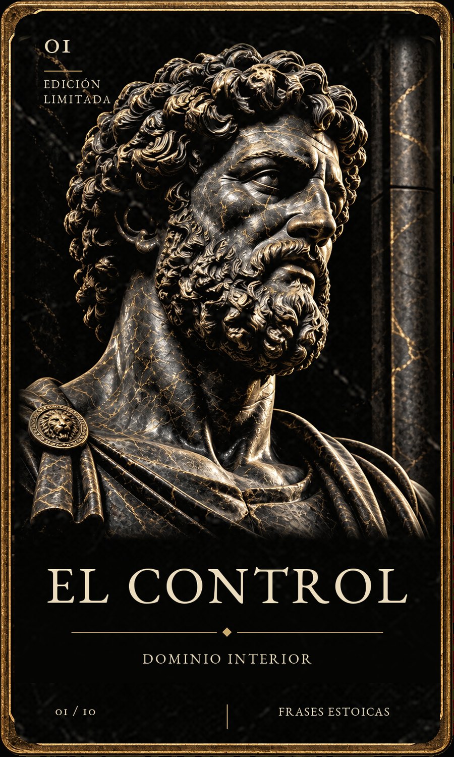 Reliquia Estoica 01 El Control (Anverso): Busto clásico en mármol negro y oro frente a la llama sagrada del dominio interior