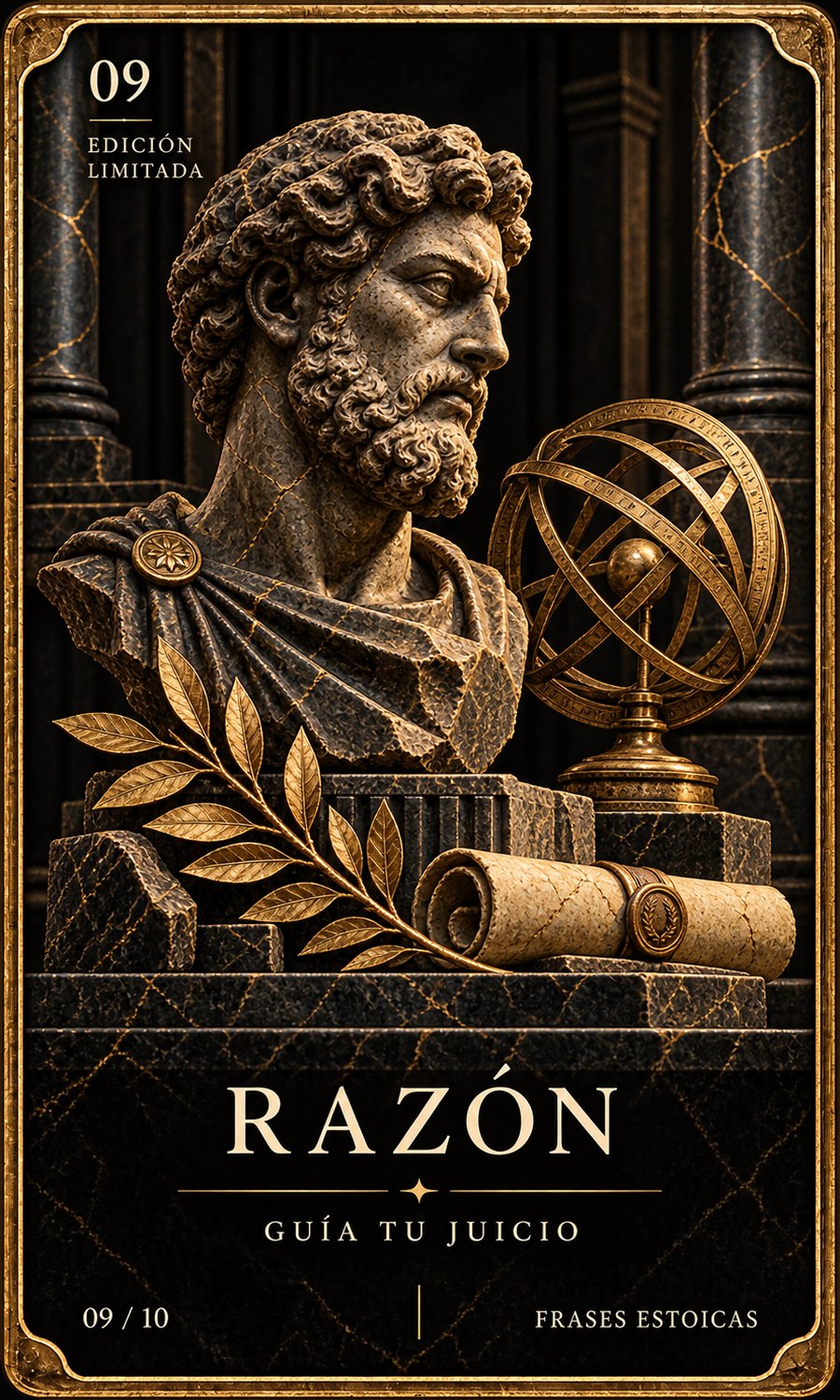 Reliquia Estoica 09 Razón (Anverso): Busto de filósofo estoico con fíbula dorada, esfera armilar y pergamino sellado